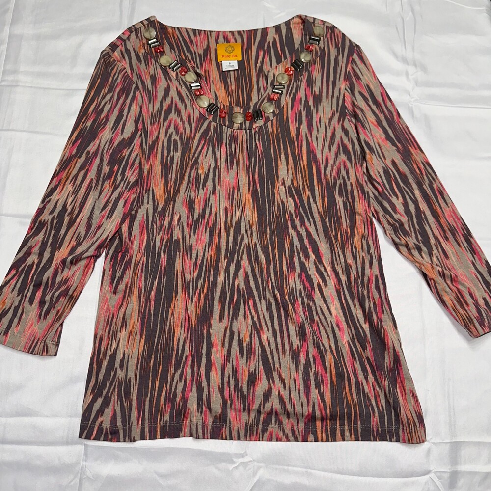 Ruby Rd. Women's Blouse Size S Beaded Neckline Multicolor Pattern